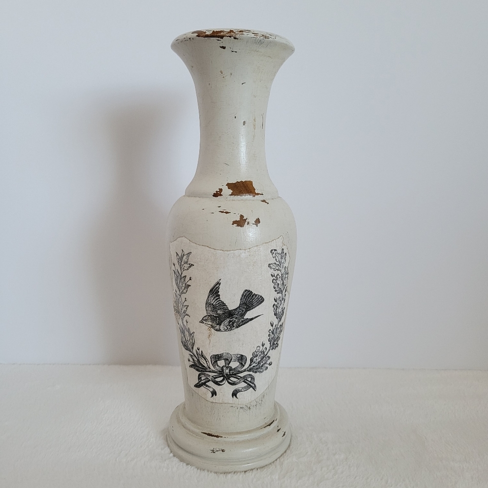Tall Painted Wooden Vase with Songbird